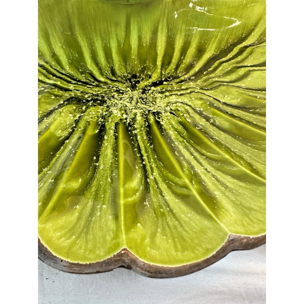 Vintage Treasure Craft MCM Green Clam Shell Chip/Dip Bowl Set 2-Tier Drip Glaze - Picture 3 of 13